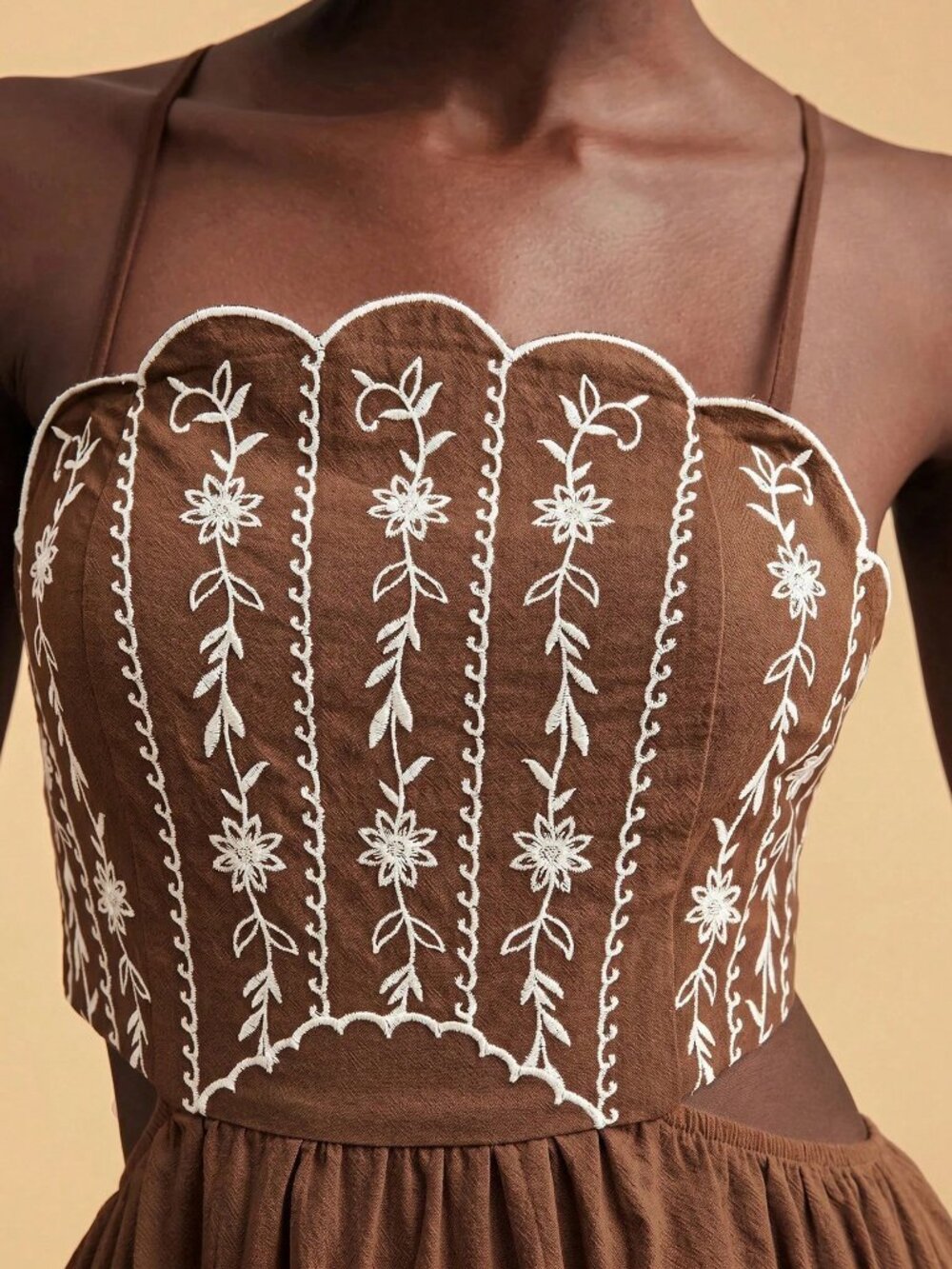 Brown Boho Women's Backless Camisole Dress with Embroidery - Picture 4 of 7